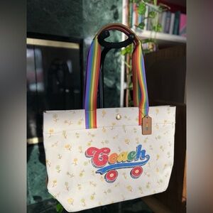 COACH Rainbow Roller Skate Floral Signature Canvas Tote Shoulder Bag-Like new